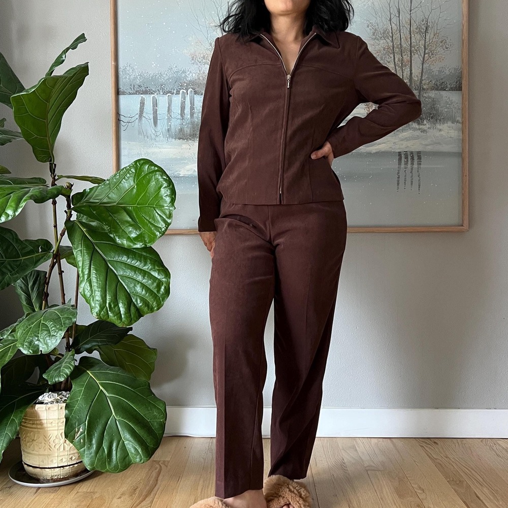 Vintage Brown Faux suede Set 90s Matching Jacket Pants Minimalist Y2K Petite‎